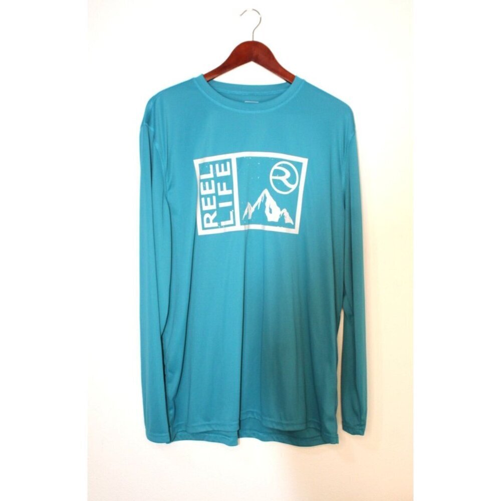 Reel Life Fishing Rash Guard Swim Shirt Mens XL Teal Graphic Long Sleeve Travel‎